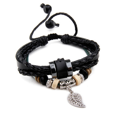 Royaro Black Leaf Leather Bracelet