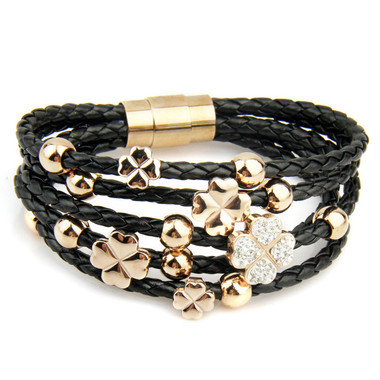 Black Leather Bracelet With Lucky Clover