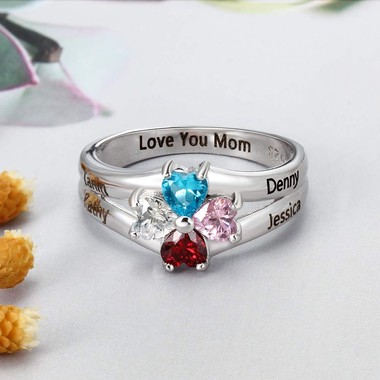 MOTHERS RING - FOUR HEART BIRTHSTONS