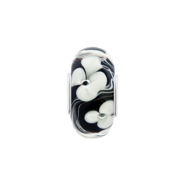 White Flower Clover Black Murano Glass Bead